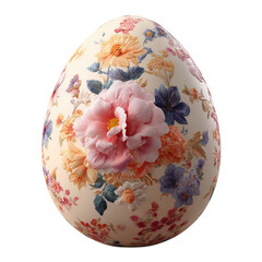 An Easter egg on a transparent background, decorated with a three-dimensional floral pattern in pastel colors.