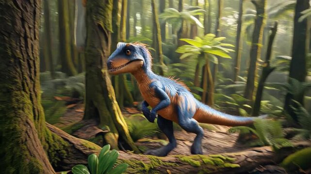 Small blue dinosaur running through prehistoric fern forest. Pterosaur flying overhead in dense tropical jungle. Tracking shot.