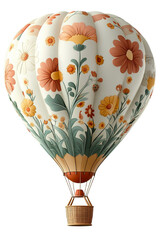 A balloon with a wicker basket decorated with large floral patterns in soft pastel colors on a transparent background.