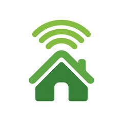 A green logo in the form of a house silhouette with a Wi‑Fi signal. The concept of a smart home, the internet, and wireless technologies.