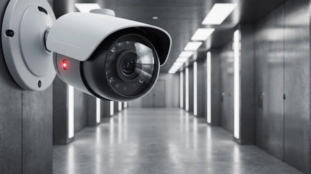 Security camera monitors hallway at night in a modern building with bright lights on walls