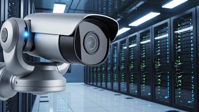 Monitoring system in a data center with security camera and servers in view for effective management