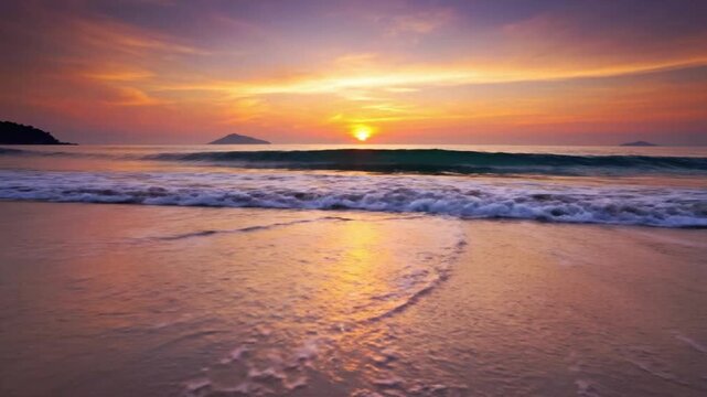 Sunrise over the ocean waves at the beach with a view of distant islands and changing colors in the sky