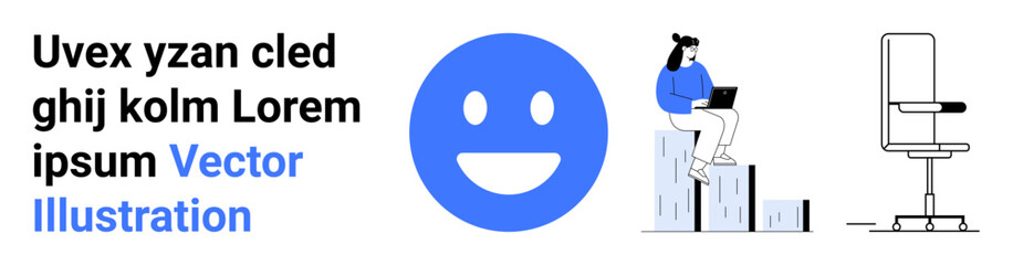 Fototapeta premium Workplace productivity, design aesthetics, digital communication, remote work, workspace setup, modern . Blue smiling icon, woman with laptop and office chair drawing. Workplace productivity