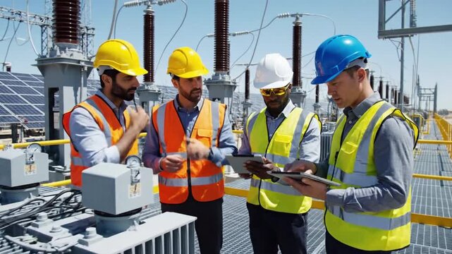 Engineers discuss equipment at solar energy site in desert during daytime with clear sky