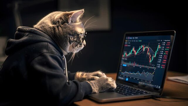A smart tabby cat wearing glasses and a hoodie trades stocks on a laptop. Funny image for finance, investment, technology, humor, and animals. Perfect for articles, websites, and social media