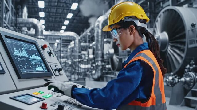 Woman operates control panel in industrial plant during daytime shift in a busy environment