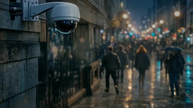 Biometric facial recognition system scanning pedestrians on busy city street. Advanced surveillance technology identifying people in public space. Lockdown shot.
