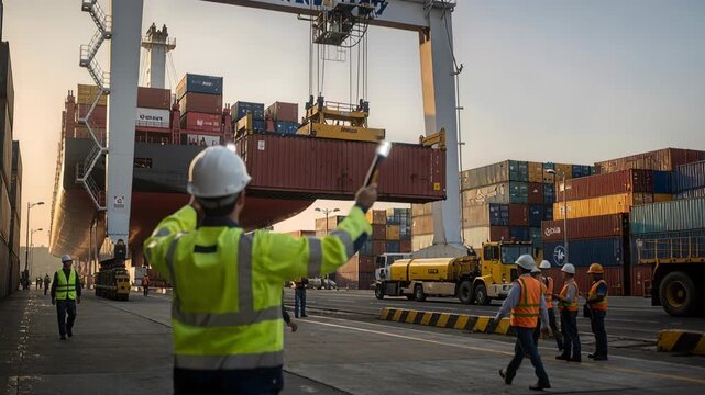 A dock worker, overseeing container loading at a busy port. The scene captures industry, safety, logistics, and global trade. Perfect for illustrating efficiency and the supply chain