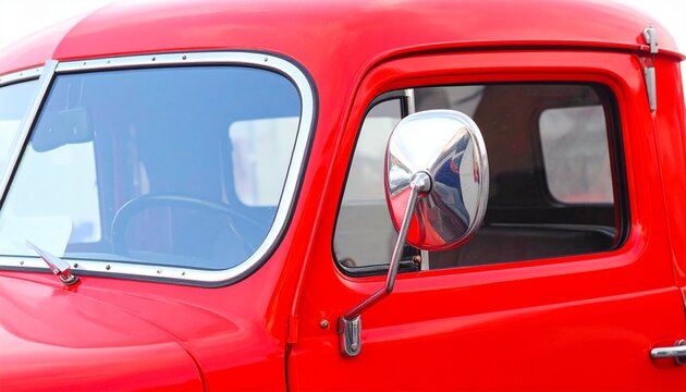 Close-up of a Bright Red Vintage Truck Cab with Polished Chrome Side Mirror and Windshield Details