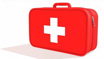 Obraz premium Bright Red Portable First Aid Kit with White Cross Symbol Isolated on a Clean White Background