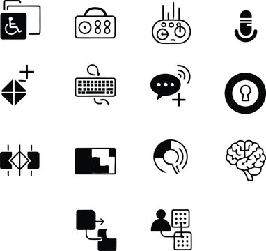 Collection of 16 black and white icons on a white background