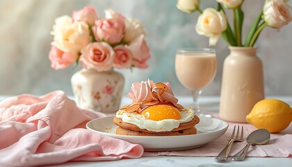 Obraz premium Delicious breakfast setup with eggs on toast and flowers in vases on a table with a pink cloth and utensils