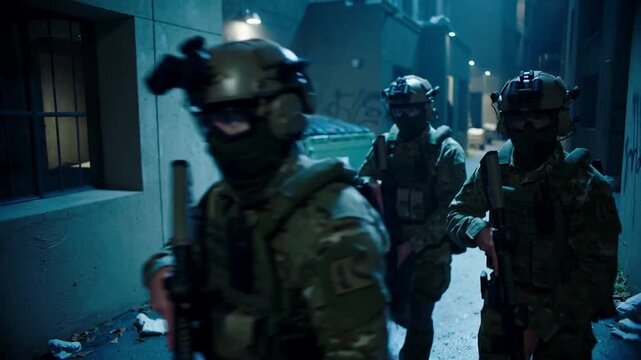 Special forces team moving through dark urban alleyway. Tactical squad in camouflage gear with rifles and night vision equipment. Panning shot.
