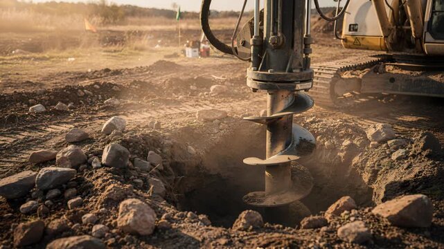 Construction site shows an auger drill preparing ground, with warm sunlight and dynamic dust. Perfect for illustrating industry, preparation, and outdoor construction works with machinery