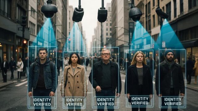 Pedestrians walking on city street under active surveillance cameras. Group of diverse people being scanned by facial recognition technology with identity verified labels. Static wide shot.