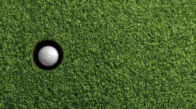 Golf ball in the hole on a green grass putting surface, top view