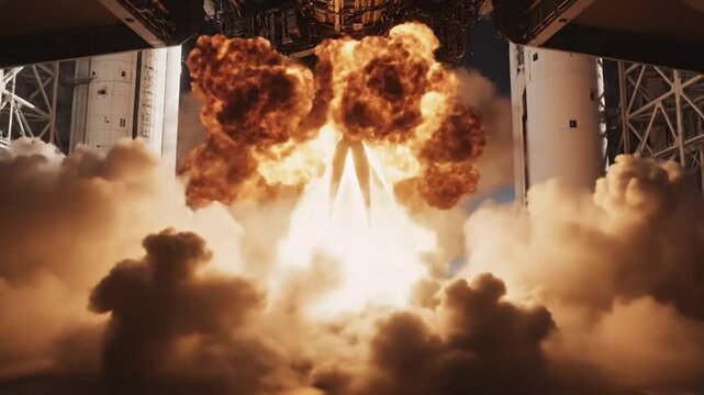 Rocket launch preparation at night with ignition and bright flames in a launch facility