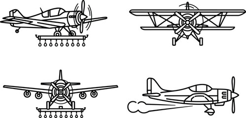 Black and white vintage propeller airplane set, agricultural crop duster and biplane aircraft vector illustration isolated on white background © Hanif World
