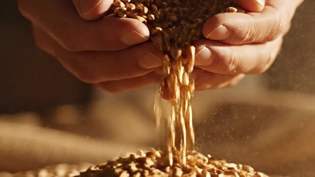 Close-up of farmer hands pouring raw wheat grains in slow motion. Harvesting organic crops with warm lighting. Agricultural concept