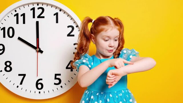 Little girl points at large clock while showing time in bright room