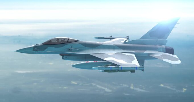 Airforce combat jet flying above mountains and clouds. War Related 3D Animation.