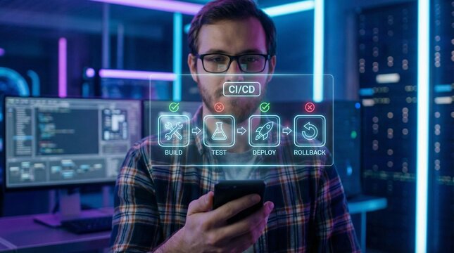 A software developer using a mobile phone for CI/CD pipeline management in a modern office