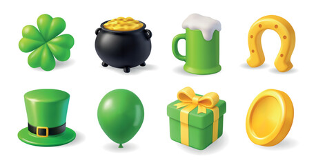 St. Patricks Day set with shamrock, gold pot, beer mug, horseshoe, green hat, balloon, gift box, and gold coin