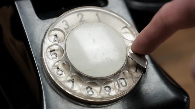 Dialing Number on Vintage Rotary Telephone, close-up 4K shot of a hand dialing numbers on an old rotary phone. Concept of retro communication, nostalgia, technology history, and classic telephone use.
