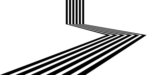 Road lines 3d perspective dynamic black line stripes isolated on white background. Optical illusion