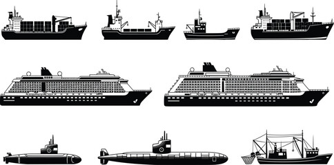 Collection of ships and submarines vector silhouettes, cargo cruise fishing and military vessels isolated on white background © Hanif World