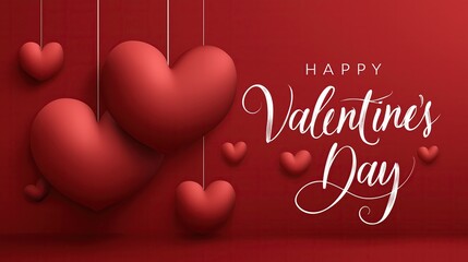 Red color vector illustration with hanging hearts and Happy Valentine's Day calligraphy text, a web banner template for the holiday concept