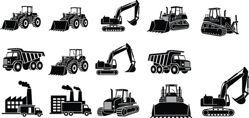 Construction machinery silhouette set excavator bulldozer loader dump truck heavy equipment industry engineering building vehicles industrial illustration collection concept © Hanif World