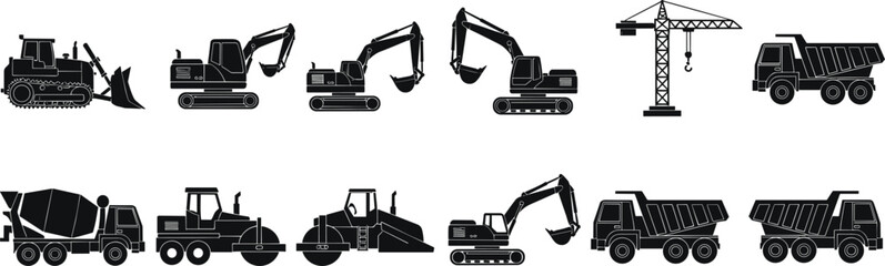 Construction machinery silhouettes set, excavator bulldozer crane dump truck and concrete mixer heavy equipment vector illustration collection © Hanif World