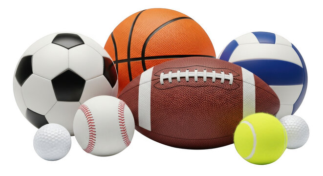 Collection of various sports balls including football basketball volleyball soccer baseball tennis and golf isolated on transparent background