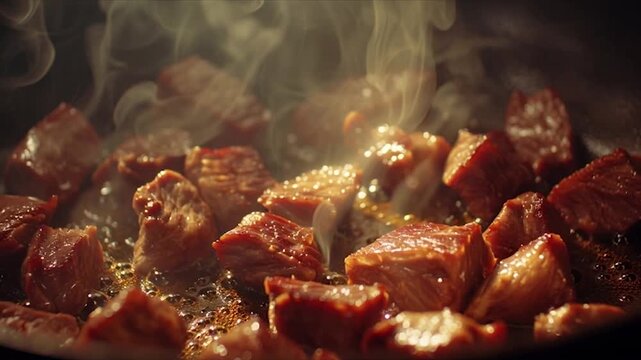 Close-up of Delicious Meat Cubes Sizzling and Steaming in a Pan.
