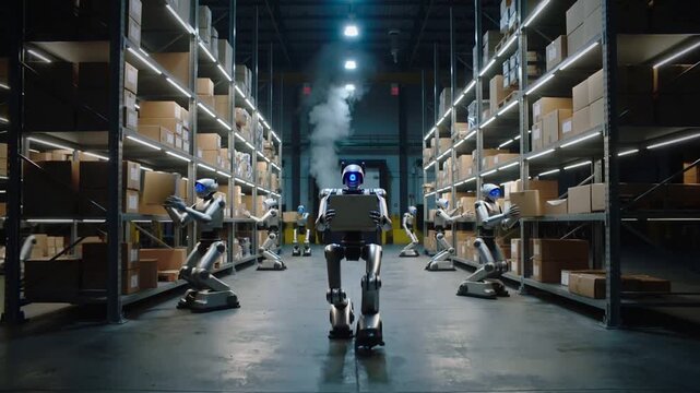 Bipedal robots managing inventory in large distribution center. Automated machinery moving cardboard boxes between storage shelves