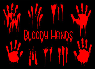 Bloody hands horror design in red on black background. Handprints and dripping letters vector illustration