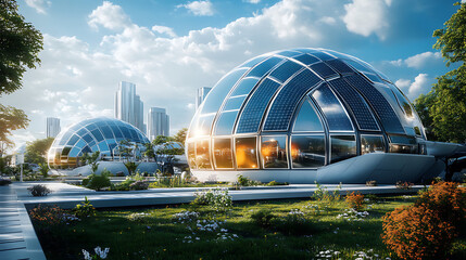 Fototapeta premium Futuristic glass dome buildings with solar panels in modern eco city high resolution picture