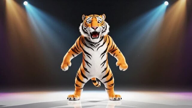 Dancing tiger character performs in a lively setting with bright lights and upbeat music