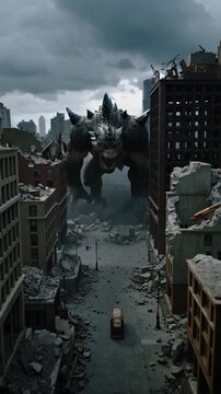 Young boy wearing virtual reality headset running from giant monster in ruined city. Backward camera movement revealing scale of destruction.