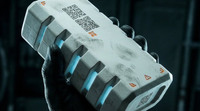 Futuristic sci-fi energy cartridge held by gloved hand with blue glow