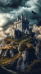 Dark fantasy castle scenery with storm clouds and birds flying overhead high resolution picture