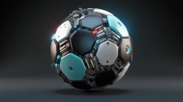 Futuristic high-tech spherical object composed of hexagonal and pentagonal panels in metallic silver, matte black, and light blue, with illuminated sections and mechanical details, floating on dark re