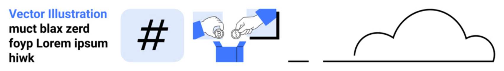 Fototapeta premium Blue and white design with metadata tag icon, hands interacting with documents, and a cloud symbol. Ideal for social media, networking, file sharing, cloud computing, digital tools, modern design