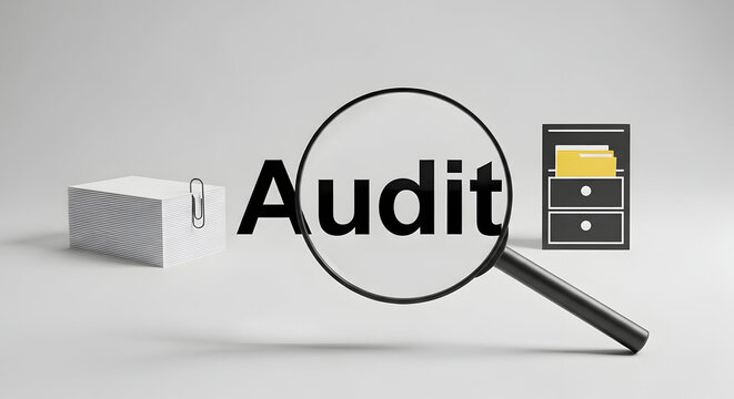 High-Resolution Audit Concept with Magnifying Glass, Paper Clip Stack and Filing Cabinet &mdash; Business Compliance, Financial Review and Document Inspection Visual