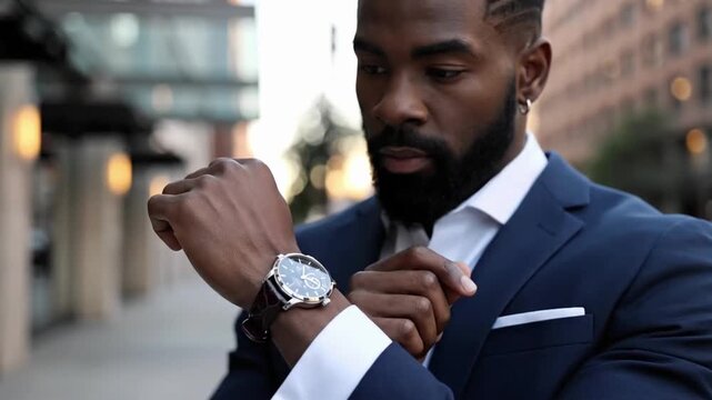 Man checks watch while walking in city center during evening hours on a weekday