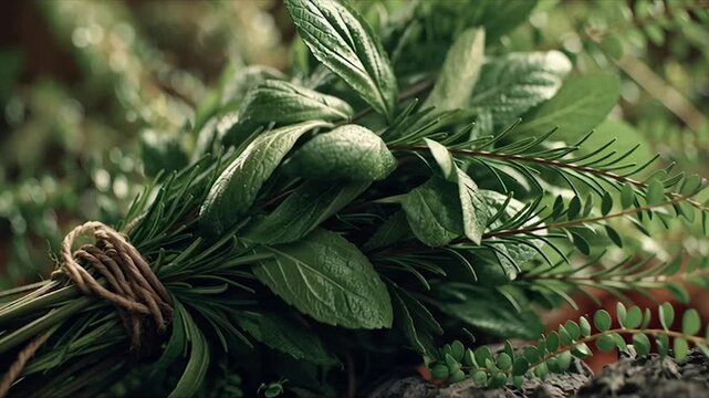 Freshly Harvested Bundle of Aromatic Herbs Tied with Twine.