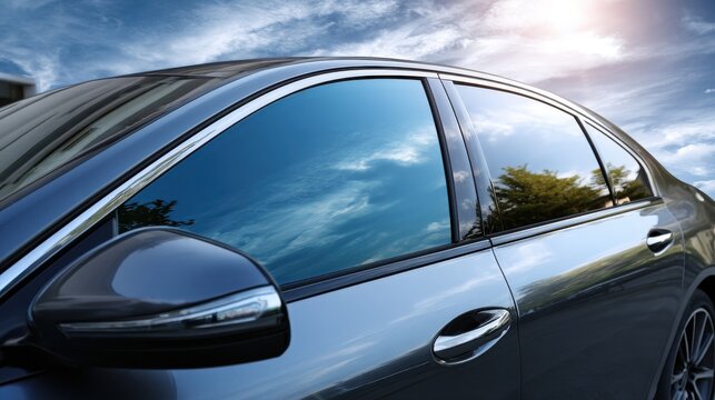 Side view of a modern gray car with tinted windows reflecting a cloudy sky and sun