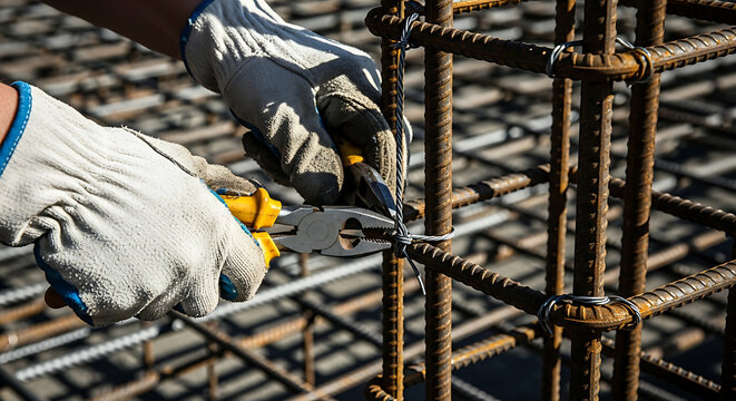Construction worker wearing gloves uses pliers to tie rebar for concrete column, reinforcing steel bars, structural support, building process, and civil engineering site, focus on hands and tools.